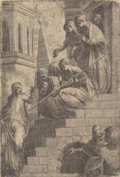 Christ addressing a group of women seated and standing on steps, ca. 1541-44. Creator: Andrea Schiavone.