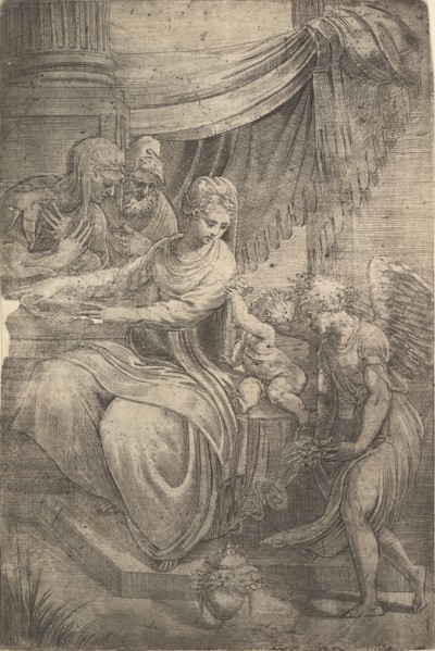 The Holy Family, an angel holding flowers approaching from the right, ca. 1550-53. Creator: Andrea Schiavone.
