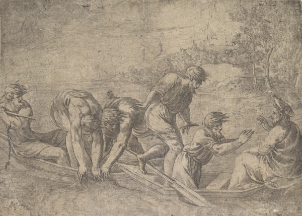 The miraculous draught of the fishes, Christ at the right accompanied by apostles in..., ca.1548-52. Creator: Andrea Schiavone.