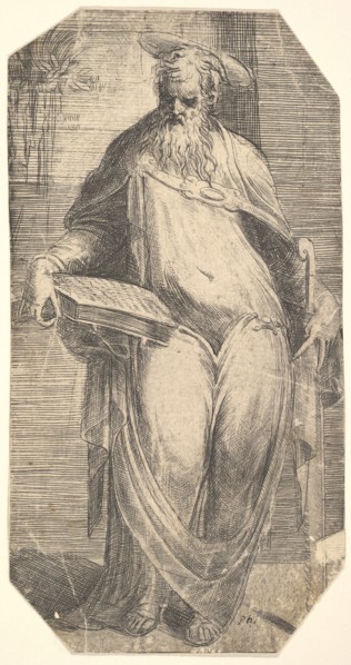 Saint Simon standing, supporting a book on his right thigh, from 'Christ and the Ap..., ca. 1548-50. Creator: Andrea Schiavone.