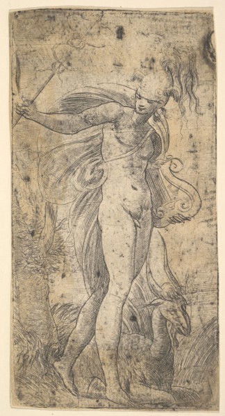 Mercury standing holding a cadecus in his right hand, a lyre in his left, ca. 1536-40. Creator: Andrea Schiavone.
