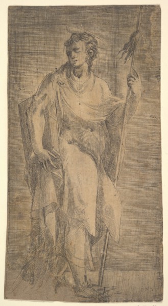 A saint, possibly Matthew, holding a staff and a book, ca. 1540-50. Creator: Andrea Schiavone.