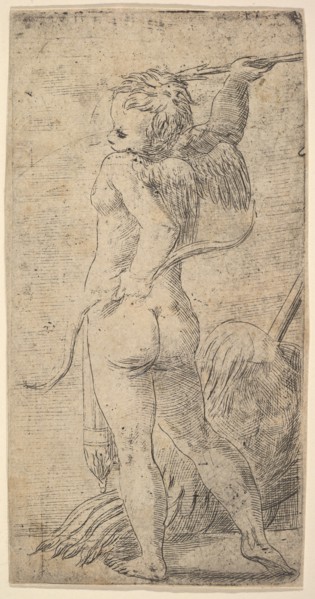 Cupid viewed from behind with an arrow in his raised right hand, ca. 1543-45. Creator: Andrea Schiavone.