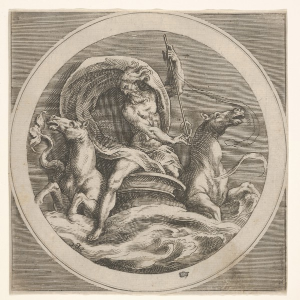 Neptune rising from the sea and bearing a staff, accompanied by two horse-headed ..., ca. 1550-1600. Creator: Unknown.