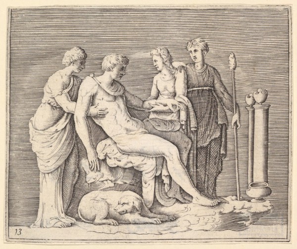 Man Attended by Three Women, published ca. 1599-1622. Creator: Unknown.