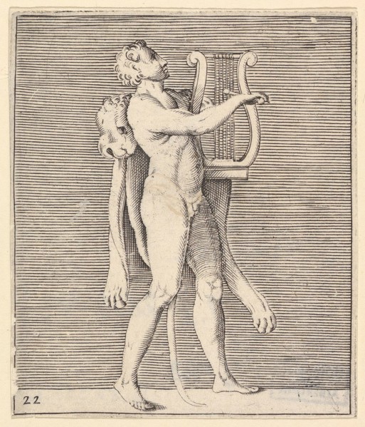 Hercules playing a lyre, a lionskin draped over his shoulder, published ca. 1599-1622. Creator: Unknown.