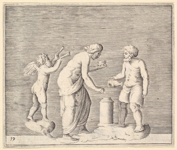 A Woman and Man Sacrificing in the Presence of Cupid, published ca. 1599-1622. Creator: Unknown.