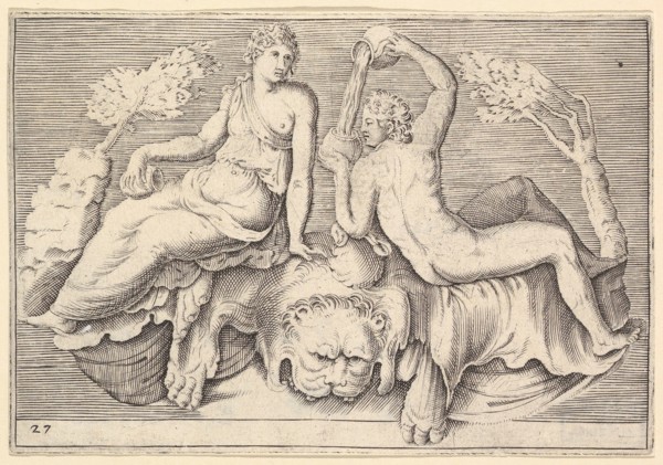 Woman and Man Seated on Lionskin, Man Pouring Wine, published ca. 1599-1622. Creator: Unknown.