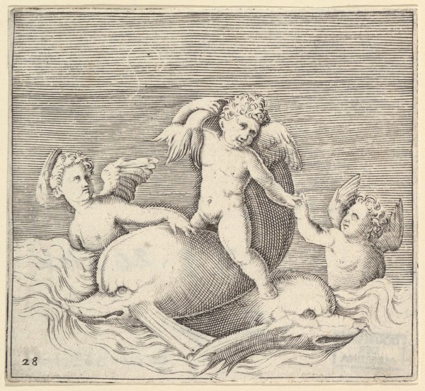 Three Cupids and Two Dolphins, published ca. 1599-1622. Creator: Unknown.
