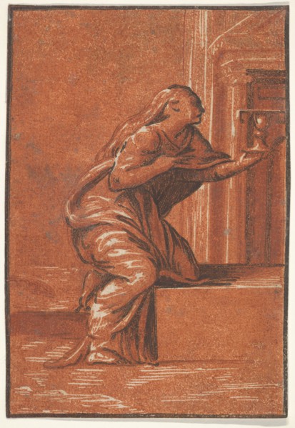 Female personification of Faith who kneels raising a chalice in her left hand, af..., ca. 1520-1560. Creator: Unknown.