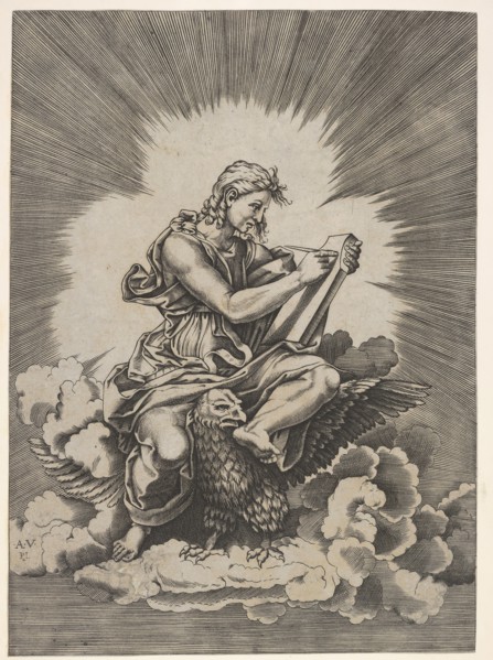 St. John, seated and holding a writing instrument to a tablet, an eagle with outstre..., after 1518. Creator: Unknown.