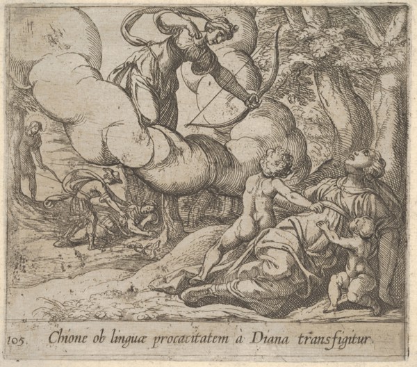 Plate 105: Diana aiming her bow toward Chione, who is accompanied by two children, in anot..., 1606. Creator: Antonio Tempesta.