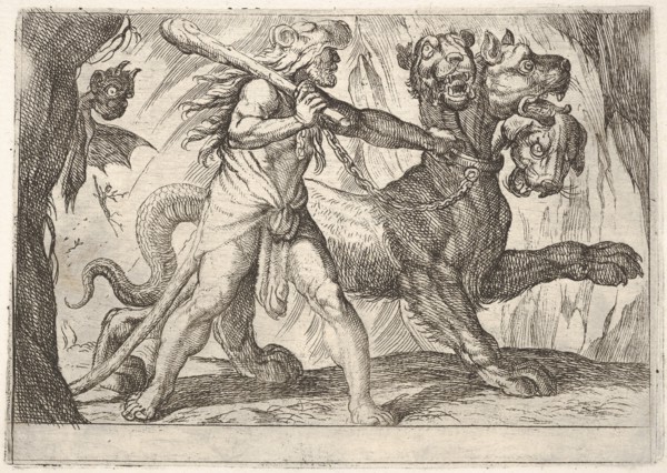 Hercules and Cerberus: Hercules grasps the collar of Cerberus, two demons appear at left..., 1608. Creator: Antonio Tempesta.
