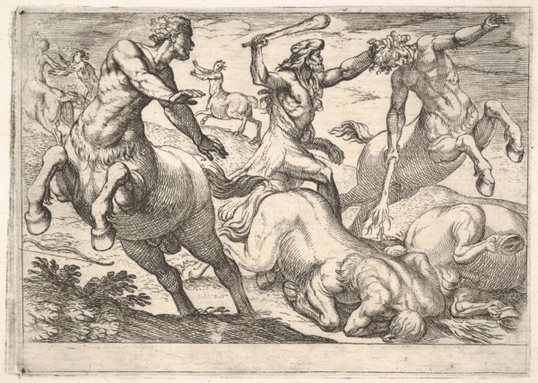 Hercules and the Centaurs: Hercules holds the head of a centaur with his left hand and rai..., 1608. Creator: Antonio Tempesta.