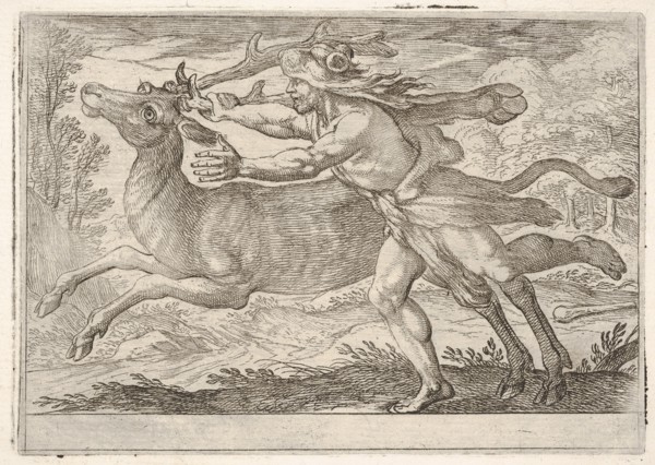 Hercules and the Hind of Mount Cerynea: Hercules strides alongside the hind and grasps the..., 1608. Creator: Antonio Tempesta.