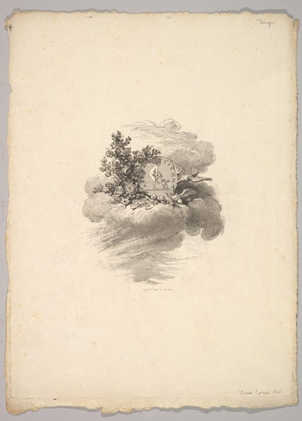 Vignette with Coin on a Cloud with Roses to the left and Doves Below and to the Right..., 1778-80. Creator: Augustin de Saint-Aubin.