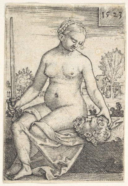 Judith, seated nude with a sword in her right hand, gazing down at the head of Holofernes ..., 1523. Creator: Barthel Beham.