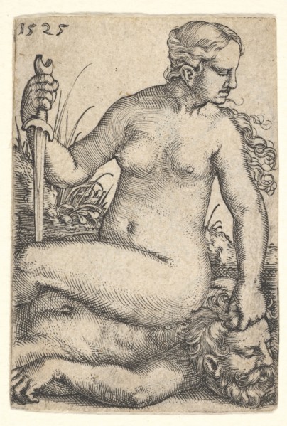 Judith, looking towards the right, seated nude atop the dead body of Holofernes, with a sw..., 1525. Creator: Barthel Beham.
