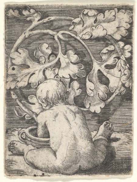 Naked Child Seen from Back Seated in Front of a Vessel, mid-17th century. Creator: Barthel Beham.