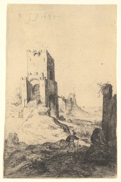 View of Ponte Mammolo, a bridge in the background, a tower with ramp in the middle ground..., 1639. Creator: Bartholomeus Breenbergh.