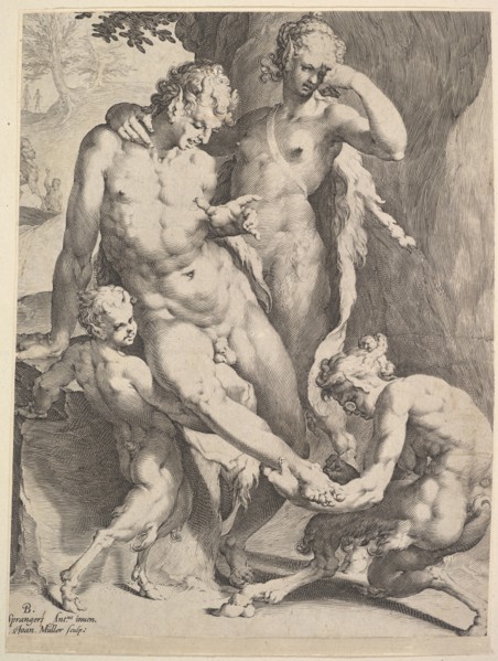Oreads Removing a Thorn from a Satyr's Foot, 1590. Creators: Bartholomeus Spranger, Jan Muller.
