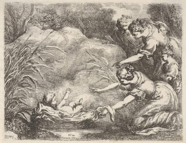 The finding of Moses who is rescued from the Nile by the maidservants of Pharaoh's daug..., 1650-57. Creator: Bartolomeo Biscaino.