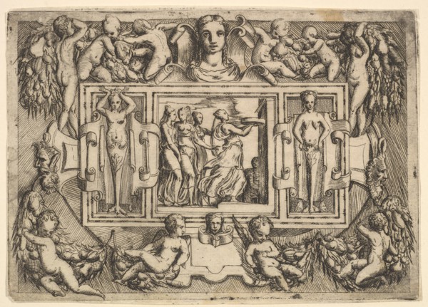 The Cumeaean sibyl walking to the right and carrying a tray, followed by three wome..., ca. 1540-80. Creator: Battista del Moro.