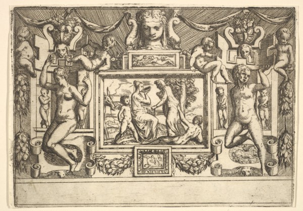 Young woman drinking from a bowl, an old woman standing in front of her, set within..., ca. 1540-80. Creator: Battista del Moro.