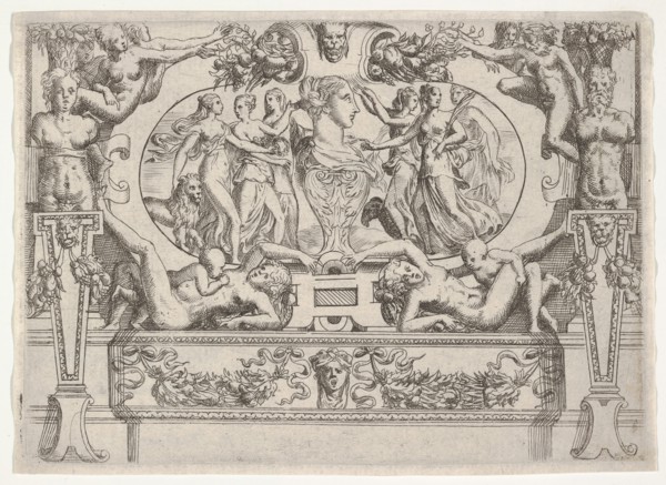 Bust of a woman flanked by three women on each side, set within an elaborate frame, ca. 1540-80. Creator: Battista del Moro.