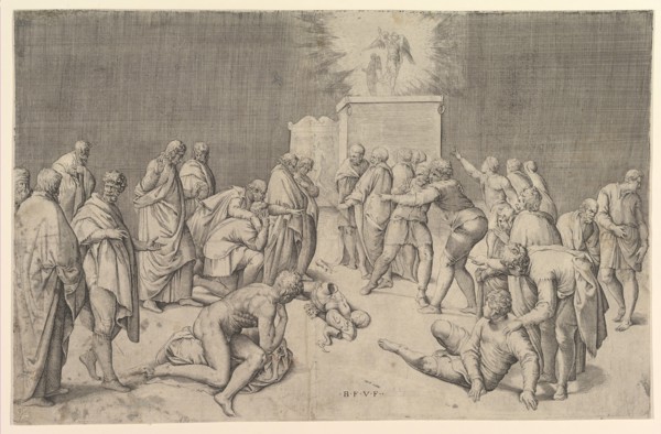 The Philistines Place the Ark of the Covenant in the Temple of Dagon, ca. 1540. Creator: Battista Franco Veneziano.