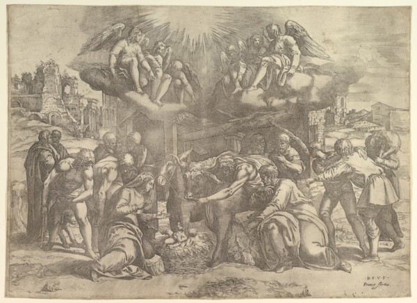 The Adoration of the Shepherds with angels overhead, ca. 1530-61. Creator: Battista Franco Veneziano.