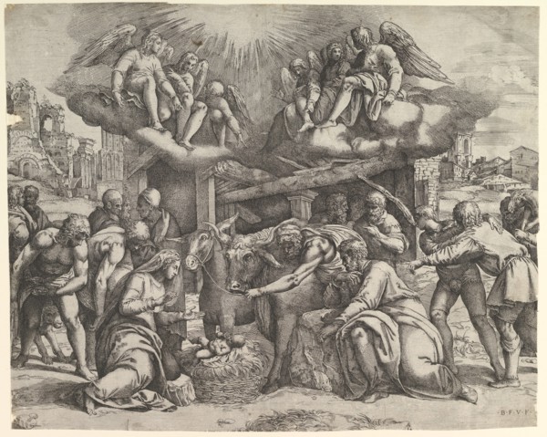 The Adoration of the Shepherds with angels overhead, ca. 1530-61. Creator: Battista Franco Veneziano.