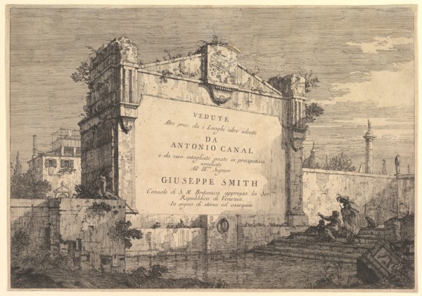 Title plate of 'Vedute altre prese da i luoghi altre ideate', with title and publicatio..., 1735-46. Creator: Canaletto.