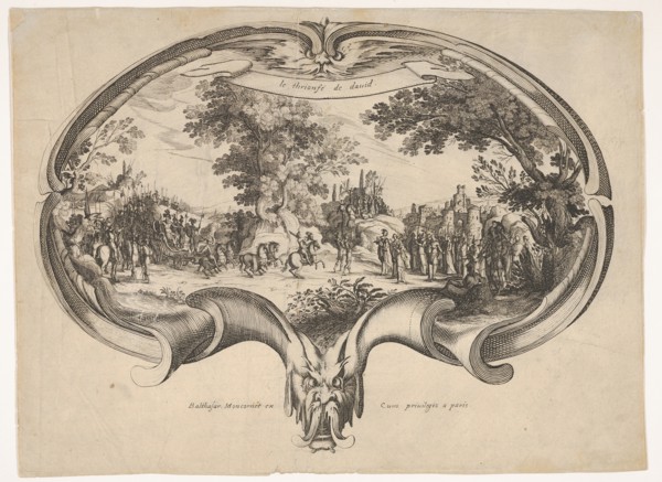 The Triumph of David, from a fan by Jacques Callot. Creators: Charles-Nicolas Cochin, Balthazar Moncornet.