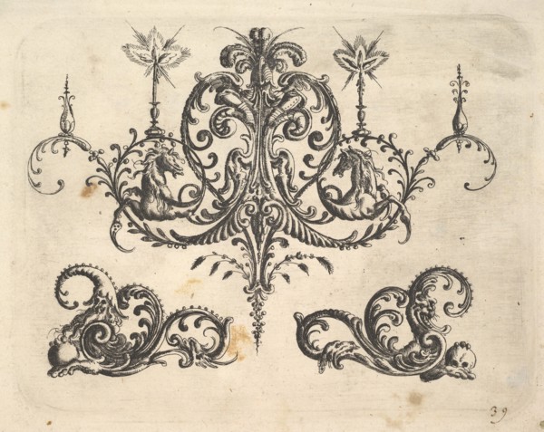 A fantastic chandelier with burning candles and arabesques, some ending in fantastic horse..., 1610. Creator: Christoph Jamnitzer.