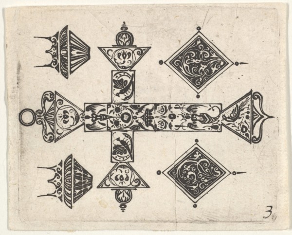Blackwork Print with a Latin Cross and Four Motifs, ca. 1620. Creator: Claes Jansz Visscher.
