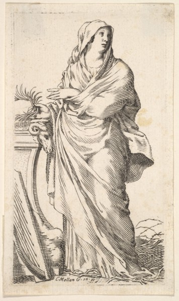 Robed woman standing next to a plinth, her right hand bears a palm branch, a harp r..., ca. 1620-88. Creator: Claude Mellan.