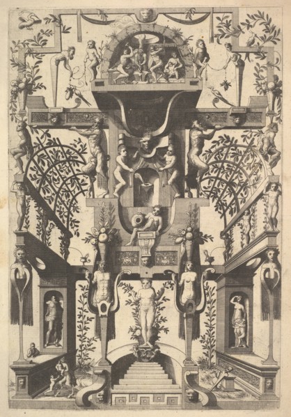 Fantastic Architecture Structure with Strapwork and Two Pergolas and a Small Scene with Vu..., 1557. Creator: Cornelis Floris II.
