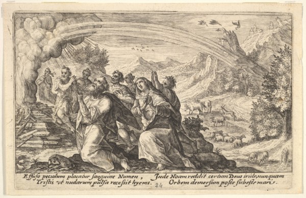 God enters into a covenant with Noah: next to a smoking pyre Noah kneels in a gesture of p..., 1612. Creator: Crispijn de Passe I.