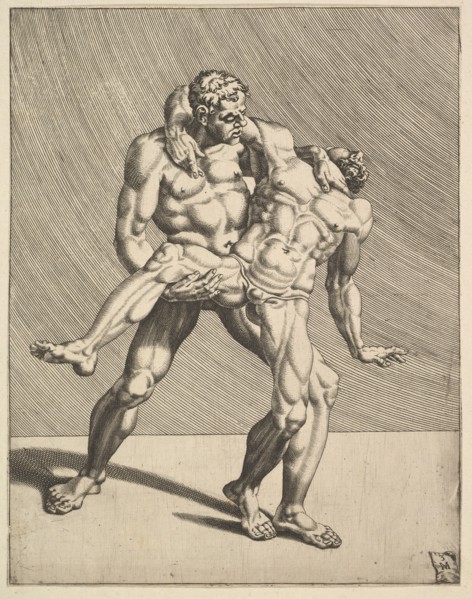 Wrestlers, from Wrestlers, plate 3, 1552. Creator: Dirck Volkertsen Coornhert.