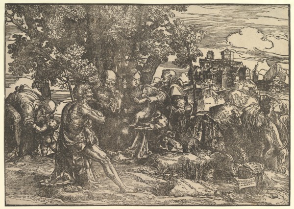 Mary seated beneath trees with baby, flanked by Joseph at left and St. Jerome at right; St..., 1517. Creator: Domenico Campagnola.