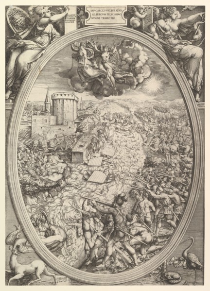 The Battle of Mühlberg with the army of Charles V crossing the Elbe River, 1551. Creator: Enea Vico.