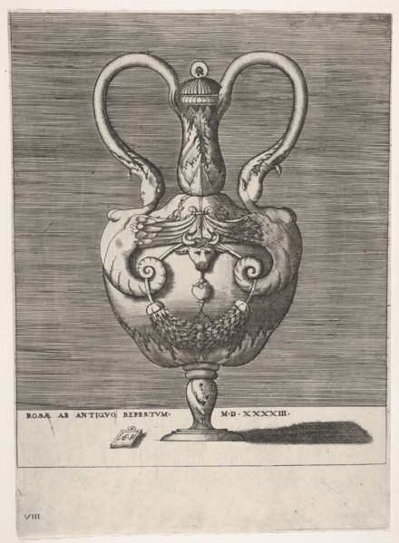 Antique Lidded Vase with Two Handles emerging from the Heads of Hybrid Female Sph..., 1543 or after. Creator: Enea Vico.
