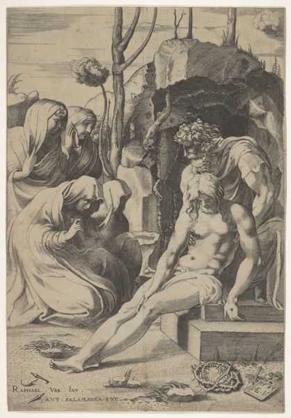 Entombment of Christ, whose chest is grasped by Joseph of Arimathea, with two kneeling and..., 1543. Creator: Enea Vico.
