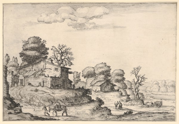 Landscape with peasant dwellings and a man leading a horse in the left foreground, from a ..., 1638. Creator: Ercole Bazicaluva.