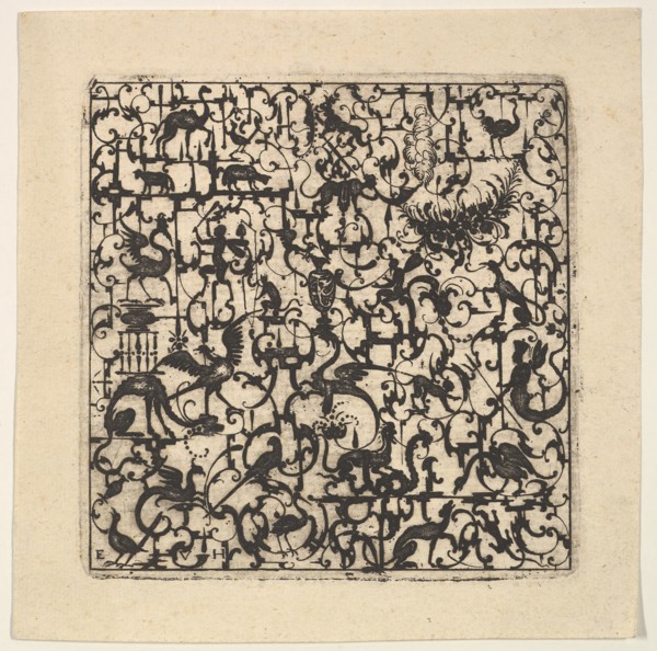 Square Blackwork Design in Silhouette Style with Schweifwerk and Grotesque Figures, 1617. Creator: Esaias von Hulsen.
