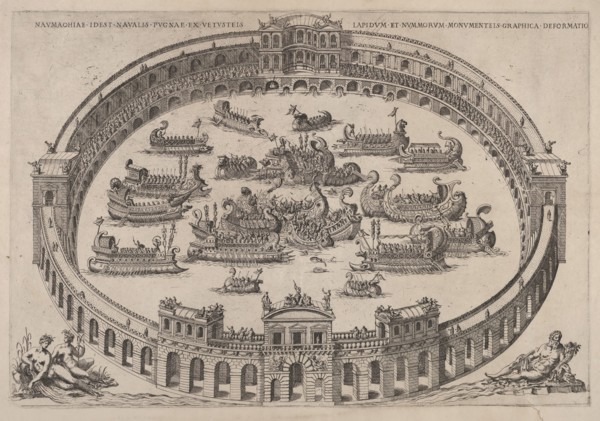 Naval engagement set inside a Roman arena, with the river Tiber and nymphs at lower lef..., 1577-85. Creator: Etienne Duperac.
