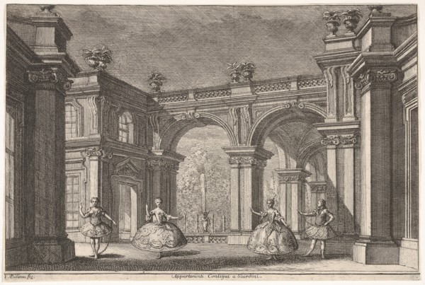 Two ladies and two gentlemen dancing within an ornate architectural setting, a fountain at..., 1765. Creator: Francesco Galli Bibiena.