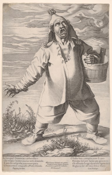 Geminiano Caldarostaro crying out and holding a tub, with a tasseled hat , ca. 1597-1601. Creator: Francesco Villamena.