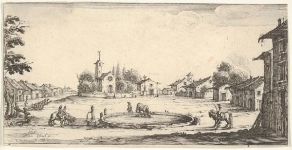 Plate 6: view of a village with a horse trough in center, horses and houses to either s..., 1636-61. Creator: Francois Collignon.